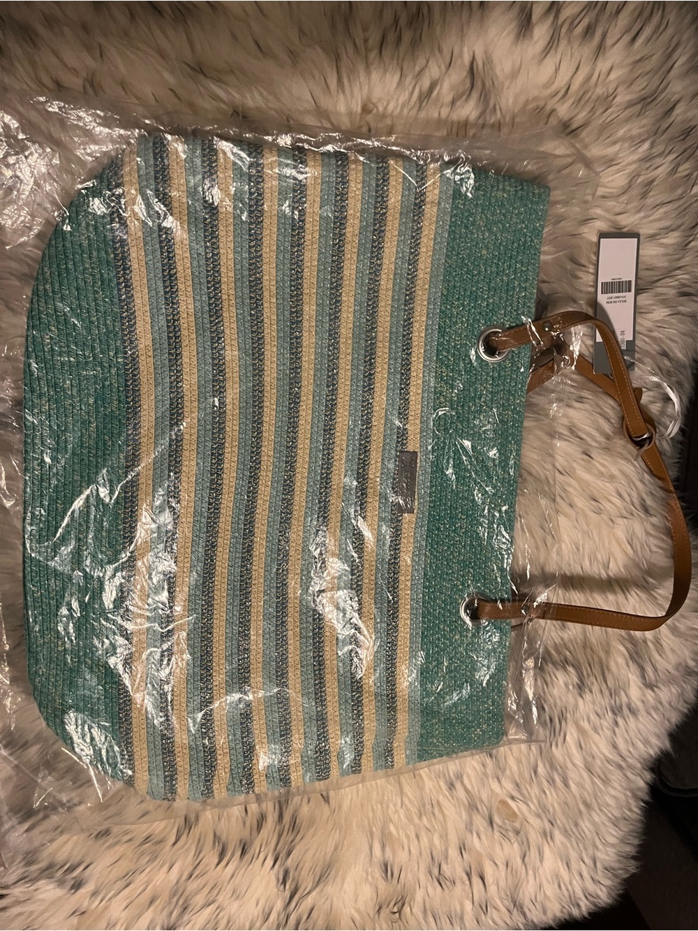 Amiani Striped Teal and Tan Women’s Tote Bag with Leather Handles